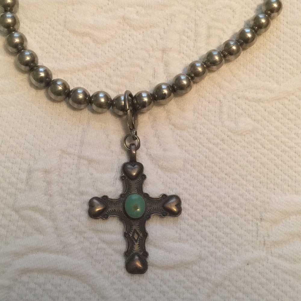 Sterling Silver cross with turquoise and hearts